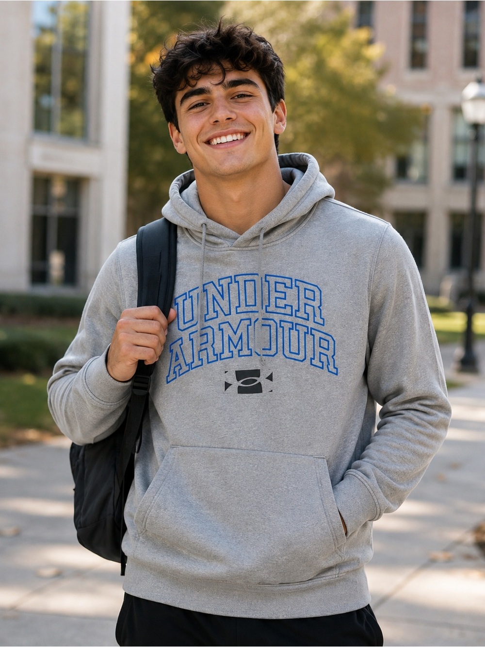 Under Armour Men’s Small Gray Blue Logo Fleece Pullover Hoodie Loose Fit